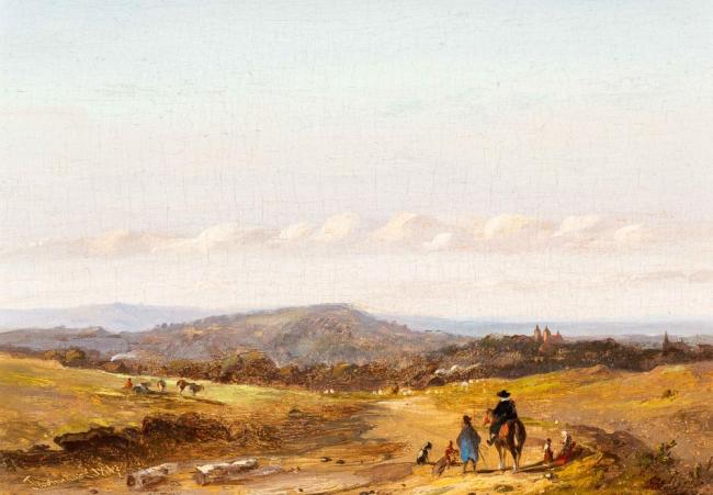 Panoramisch landschap met boeren en jagers en stad in de verte