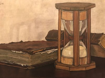 Stilleven met zandloper en boeken