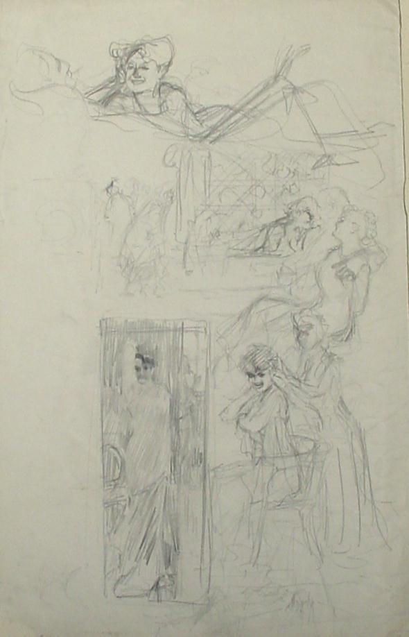 Schetsvel (Diverse voorstudies van caricaturen voor Simplicissimus)